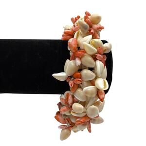 Artisan Natural Cowrie Shell & Coral Cluster Cuff Bracelet Beach Boho Style 6.5